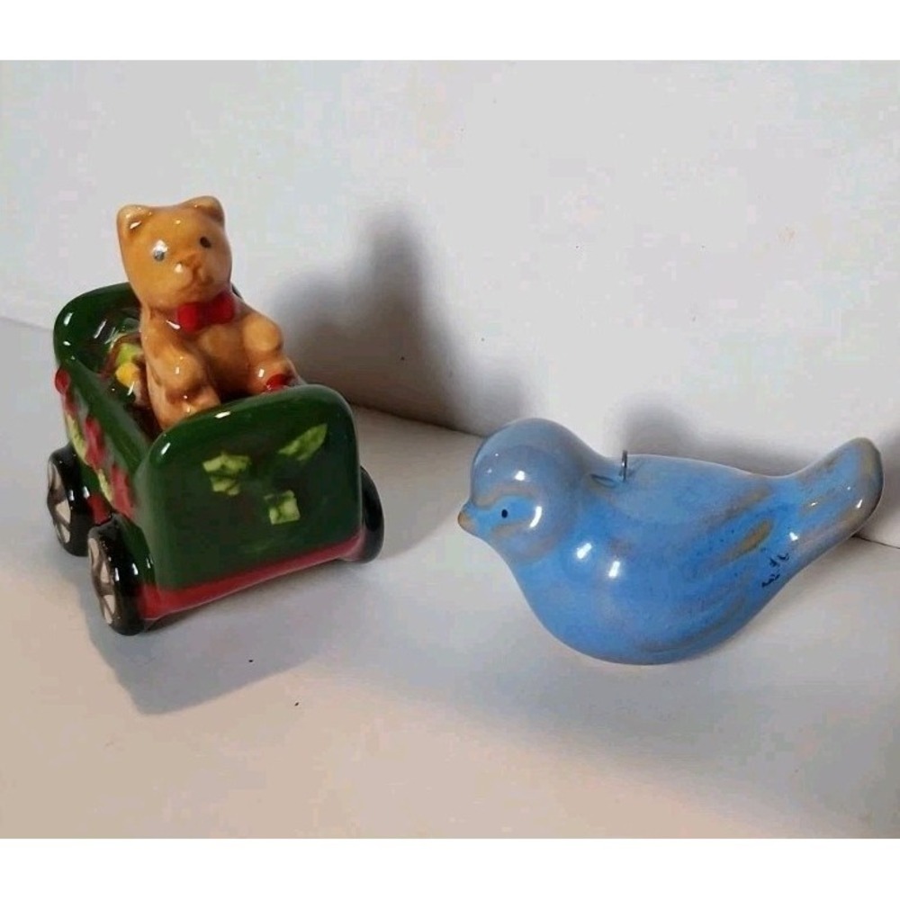 Ceramic Hanging Ornament Lot Train Bird Figurine Blue and Brown 2" Glazed